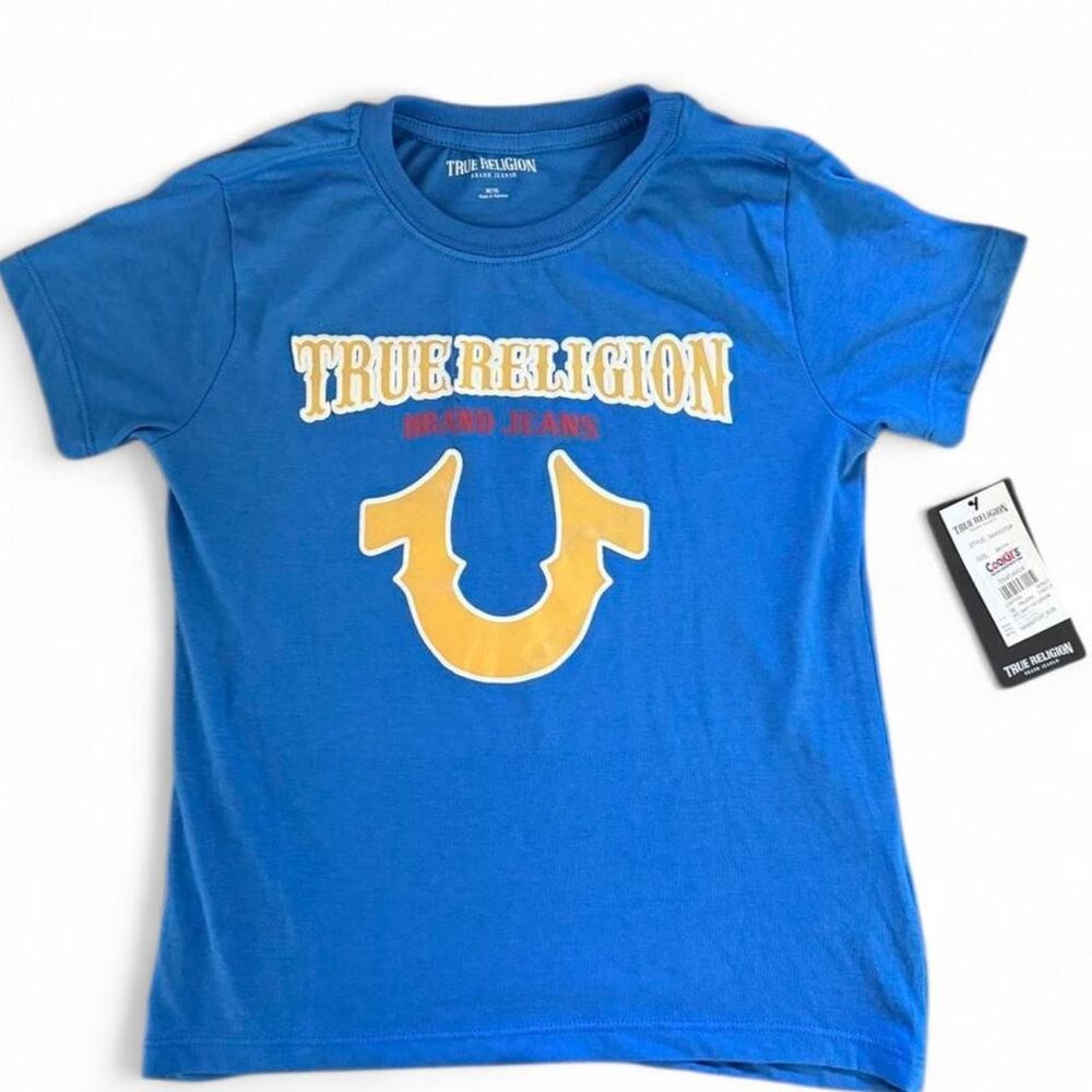 True Religion Boys Royal Blue and Yellow Logo Shirt Size M